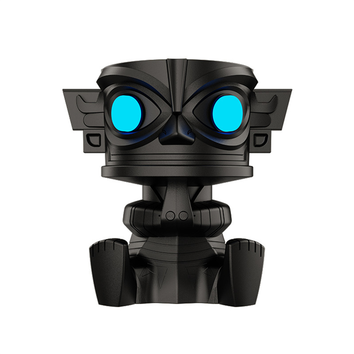 Schwarze Tiki-Statue mit leuchtend blauen Augen. Es hat ein detailliertes Design und sitzt auf weißem Hintergrund.