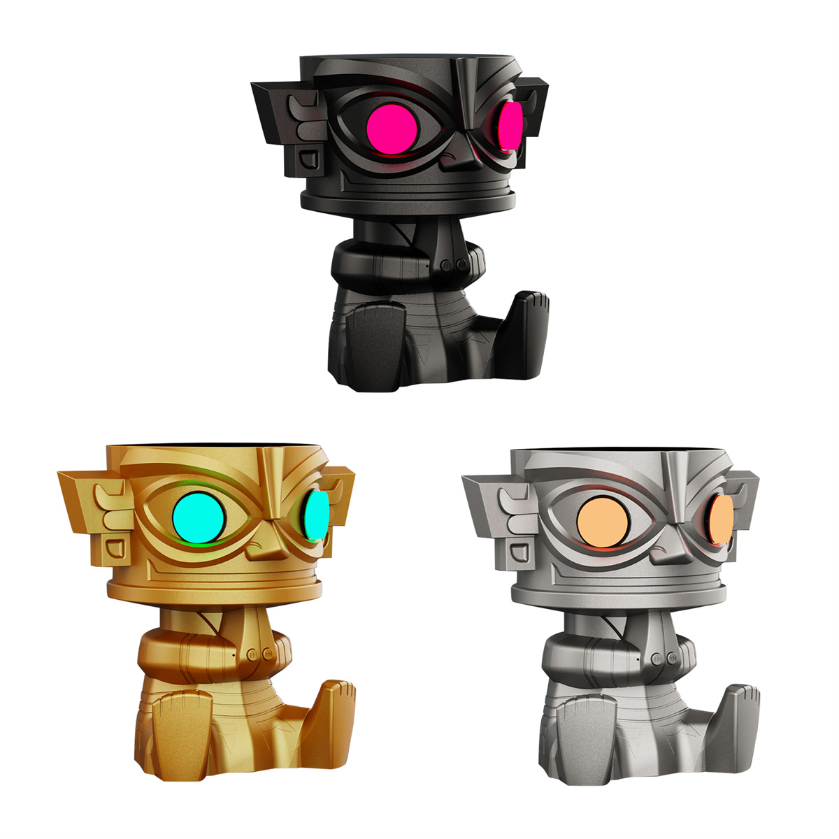 Drei stilisierte Tiki-Figuren mit leuchtenden Augen in Schwarz, Gold und Silber, auf weißem Hintergrund.