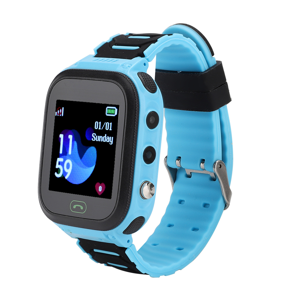 Eine blaue Smartwatch zeigt Uhrzeit und Datum an. Sie hat ein blaues Armband und einen schwarzen Rahmen.