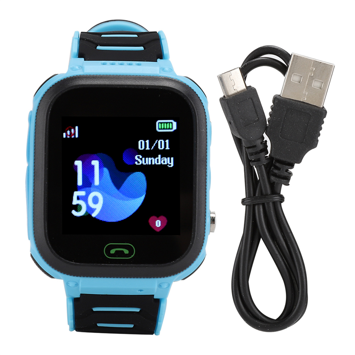 Blaue Smartwatch mit digitaler Anzeige von Uhrzeit, Datum und Akkulaufzeit. USB-Ladekabel ist angebracht.