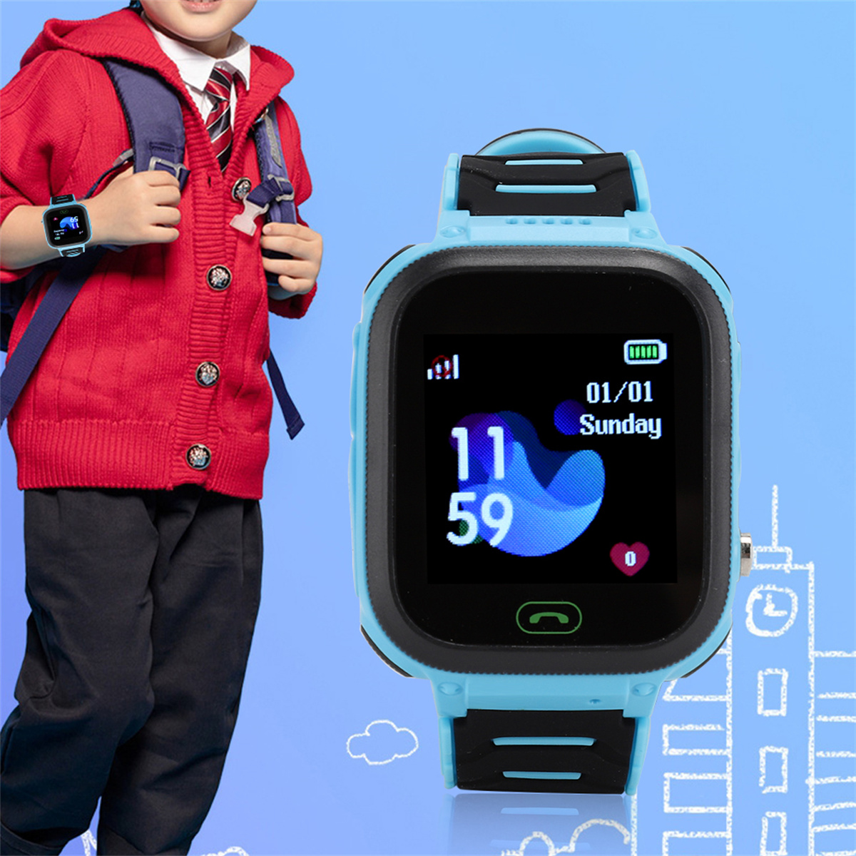 Ein Kind mit roter Jacke und einer blauen Smartwatch mit Datum und Uhrzeit.