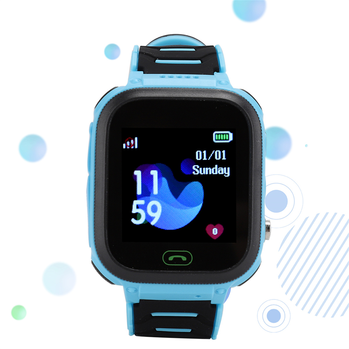 Eine blaue Smartwatch zeigt Uhrzeit und Datum an. Blaue und weiße abstrakte Formen bilden den Hintergrund.
