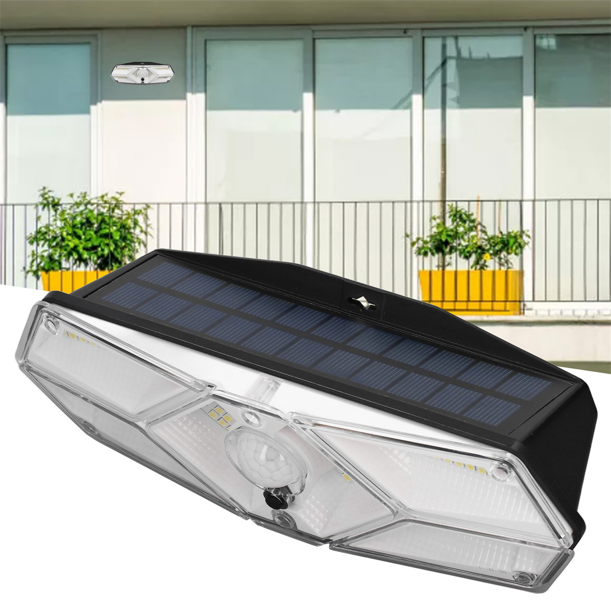 Eine solarbetriebene Lampe mit schwarzem Panel, weißen LED-Leuchten und einem Bewegungssensor, auf weißem Hintergrund montiert.