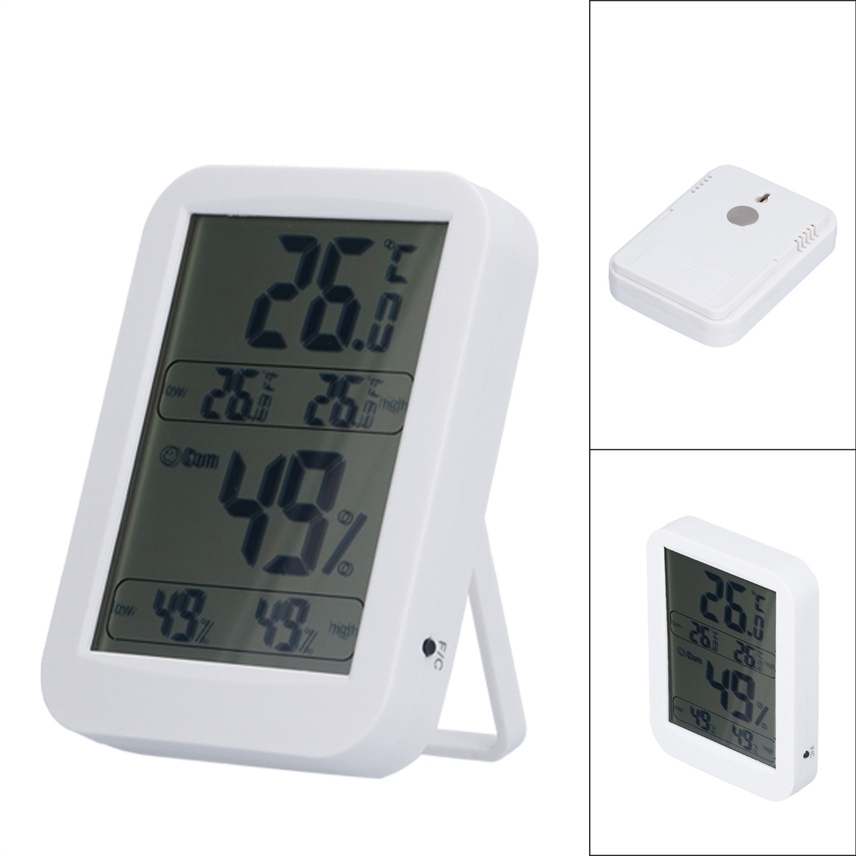 Weißes digitales Thermometer mit Temperatur- und Feuchtigkeitsanzeige.