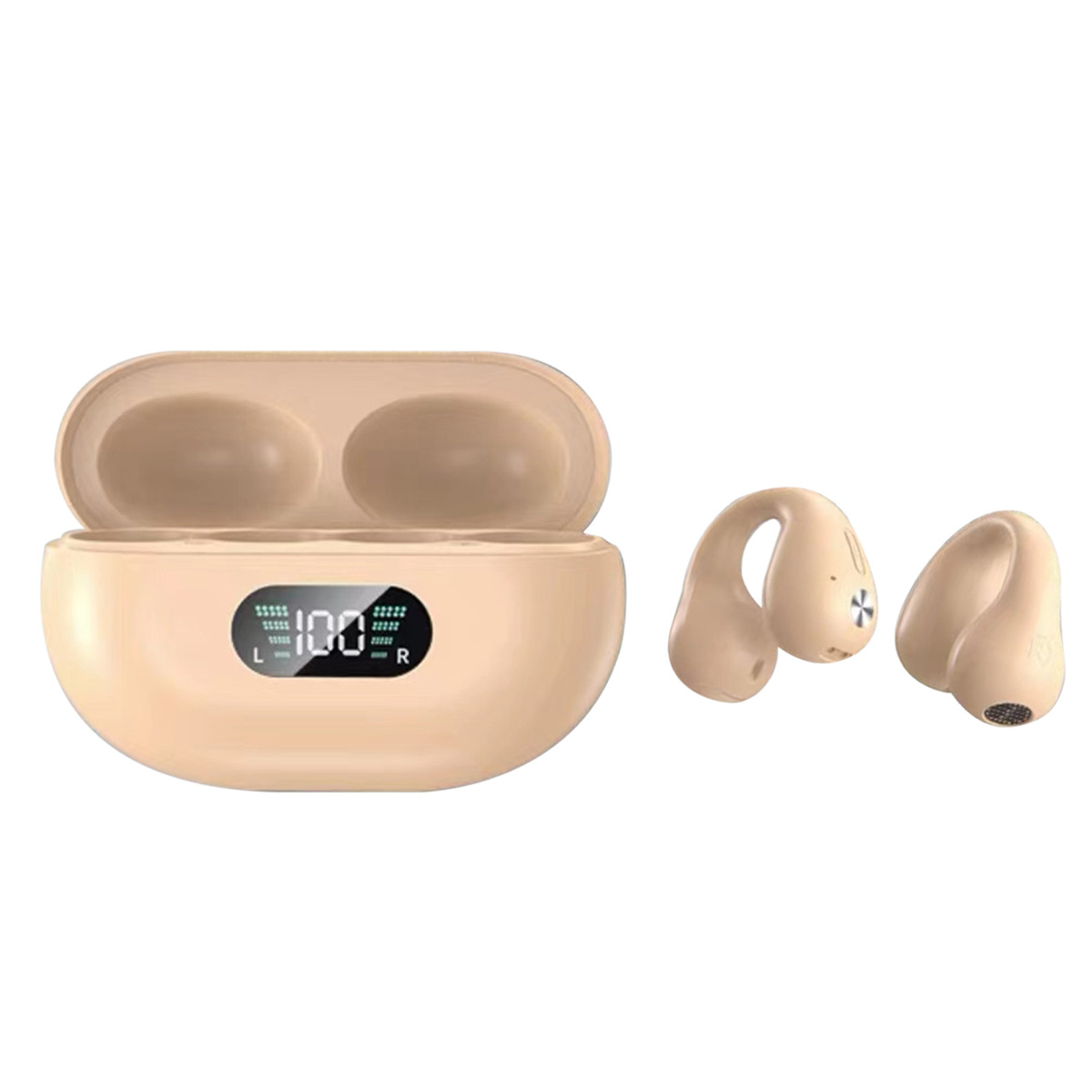 Beige kabellose Ohrhörer mit Ladecase, 100% Akku, auf weißem Hintergrund.