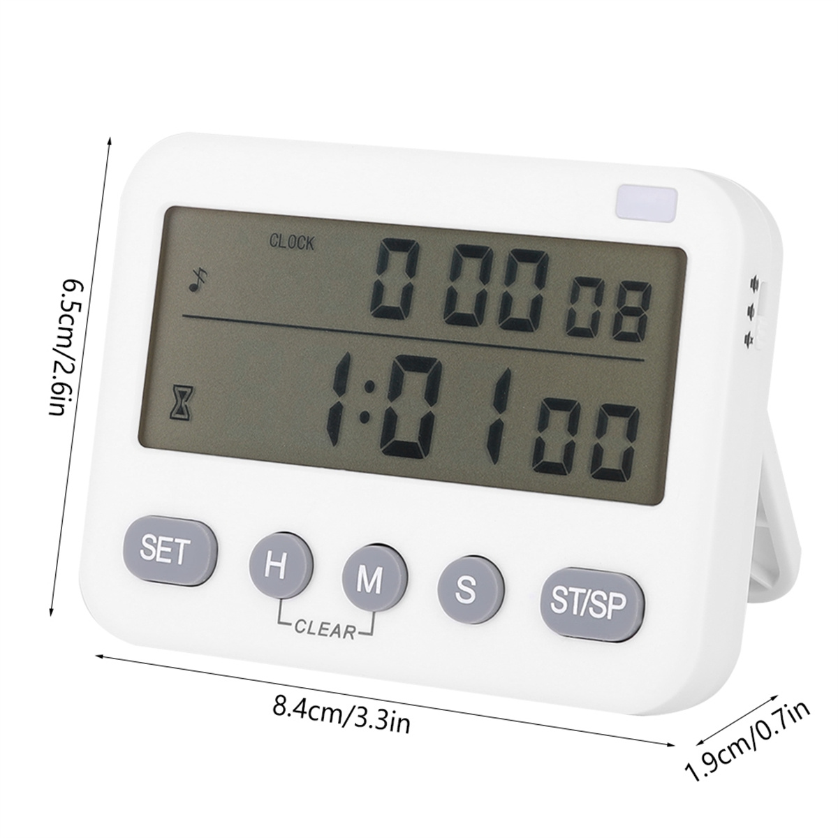 Ein weißer digitaler Küchentimer mit 1:01:00. Abmessungen: 6,5 cm/2,6 Zoll x 8,4 cm/3,3 Zoll x 1,9 cm/0,7 Zoll.