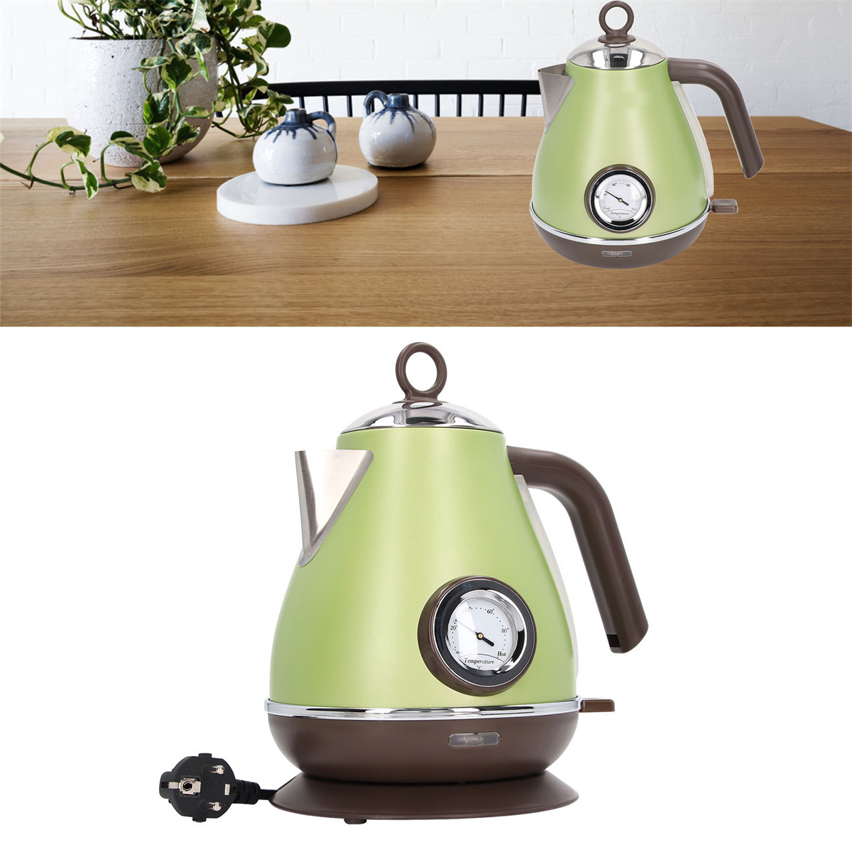 Ein grüner und brauner Wasserkocher mit Temperaturanzeige, auf einem braunen Sockel, auf einem Holztisch.