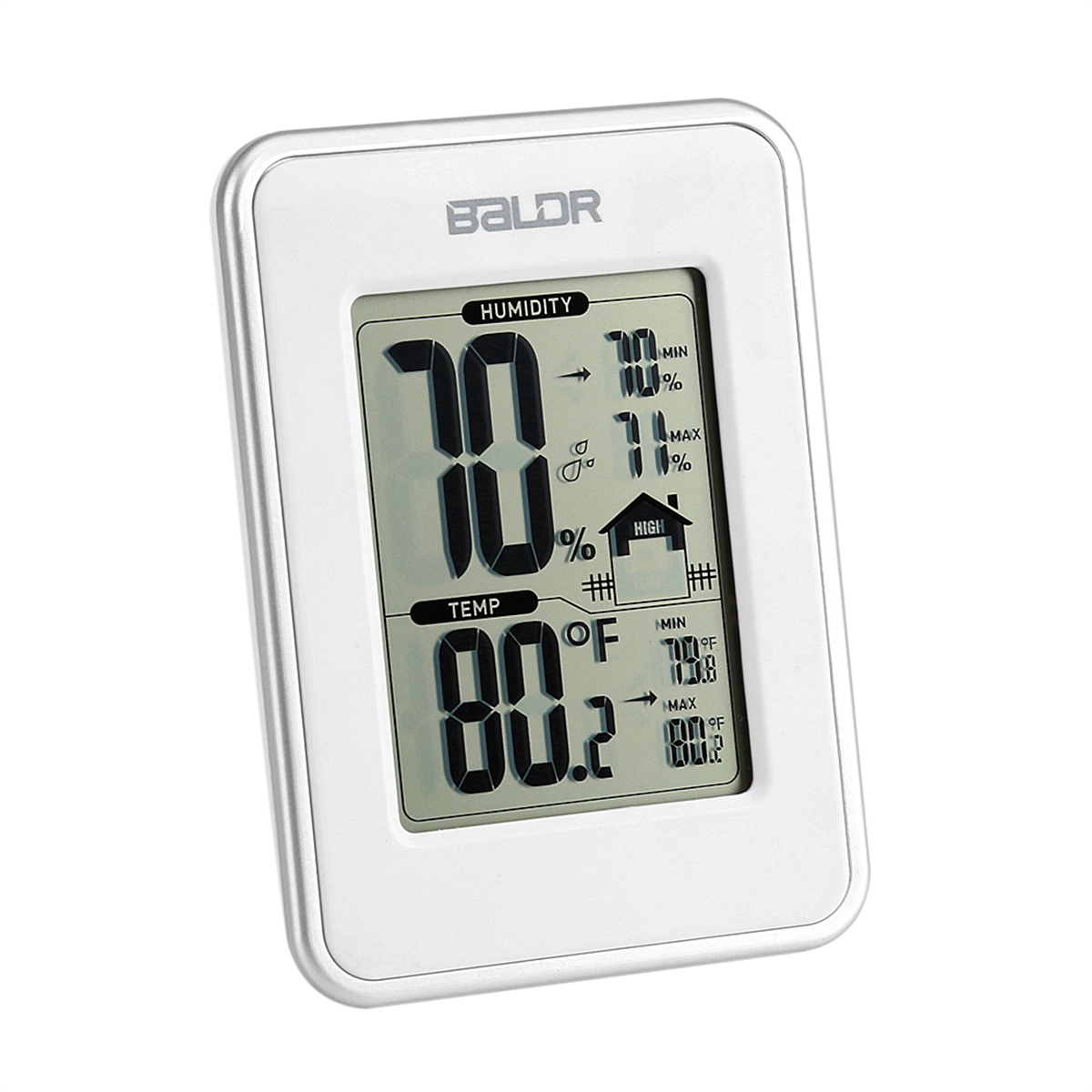 Weißes digitales Thermometer. Zeigt Luftfeuchtigkeit und Temperatur an. Zahlen auf dem Bildschirm. Silberner Rahmen.