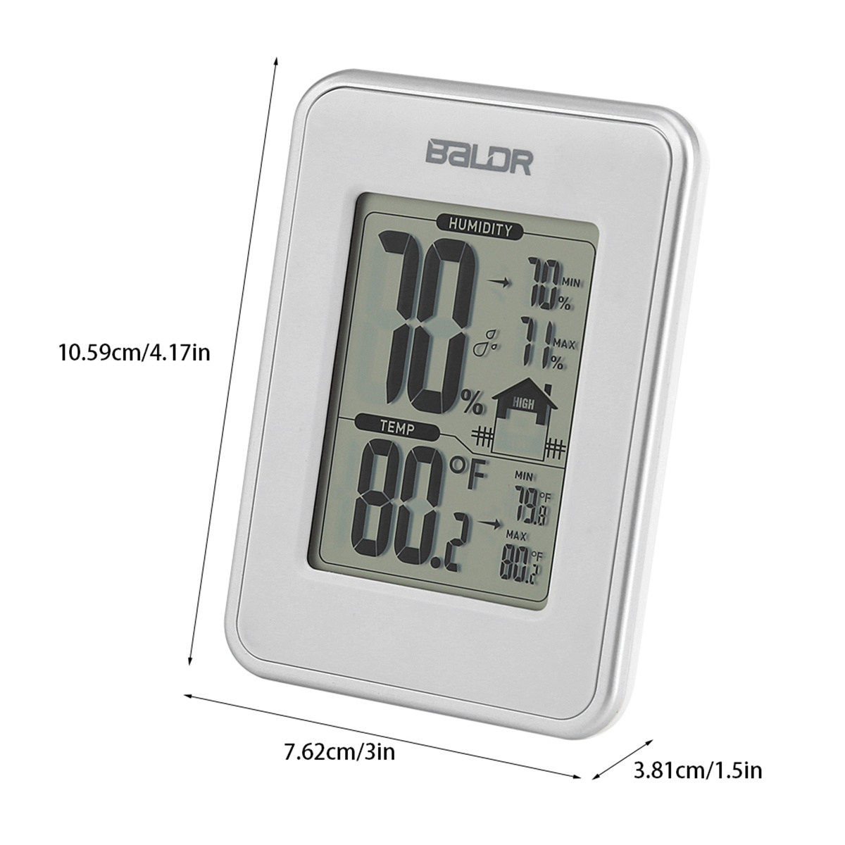 Ein digitales Thermometer, das Luftfeuchtigkeit und Temperatur mit angezeigten Messwerten anzeigt.
