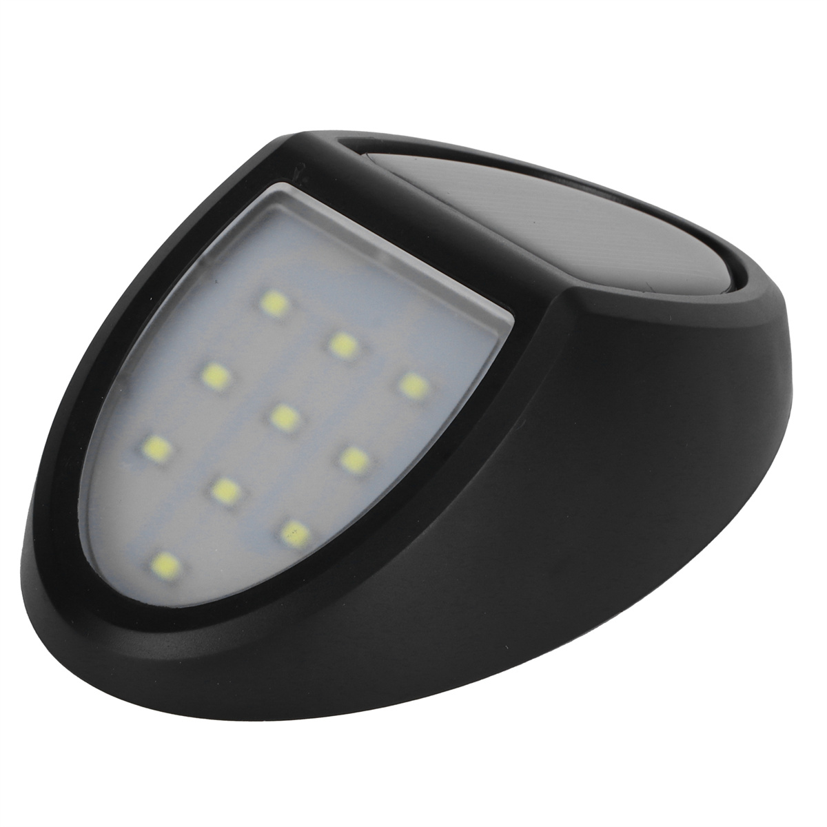 Eine schwarze, solarbetriebene Leuchte mit klarer Oberseite und mehreren kleinen Lichtern.
