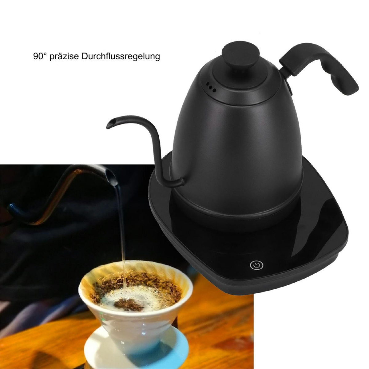 Schwarzer elektrischer Wasserkocher auf schwarzer Basis. Wasser wird über Kaffeepulver gegossen. Text: 90° präzise Durchflussregelung.