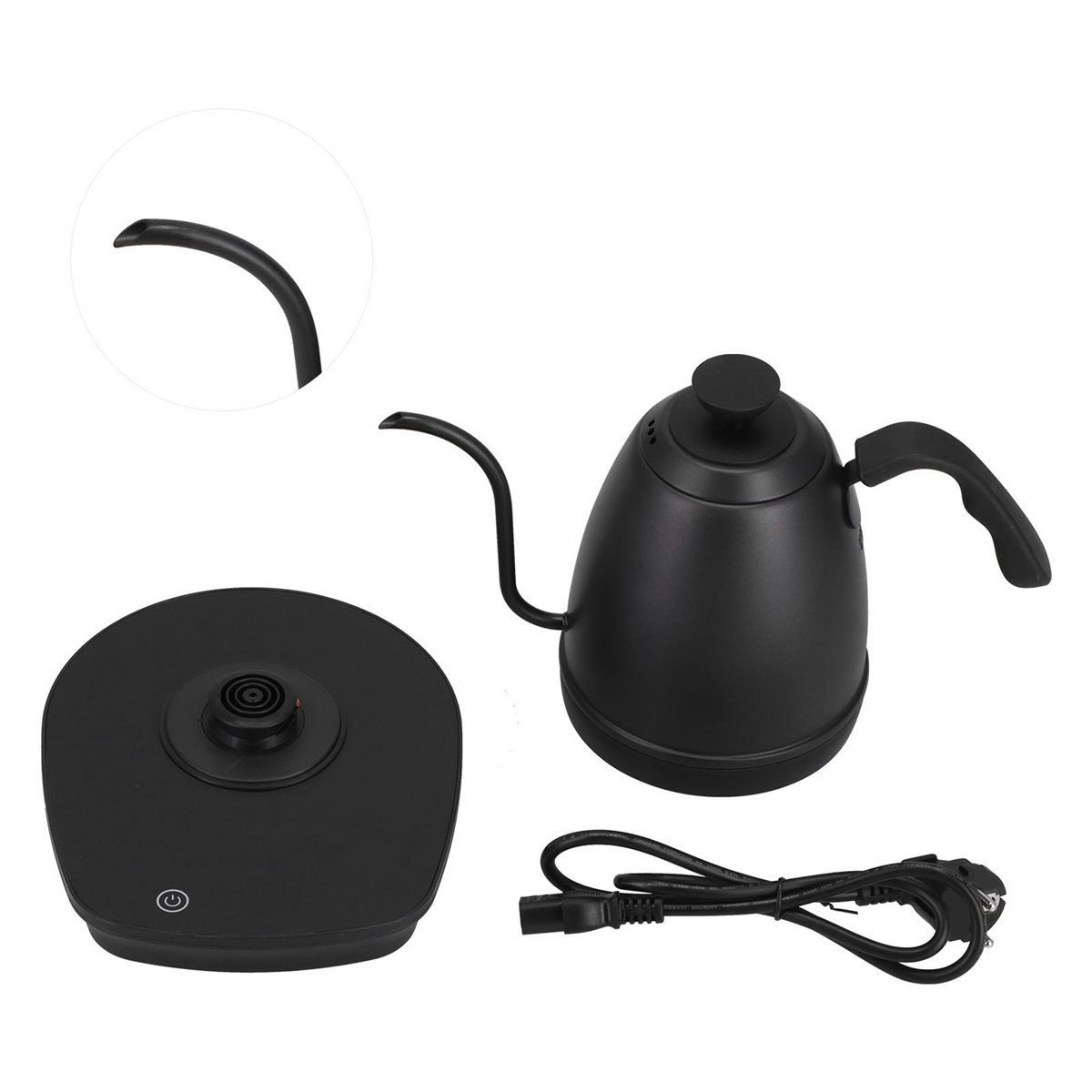 Ein schwarzer elektrischer Wasserkocher mit Sockel, Netzkabel und Nahaufnahme des Ausgusses.