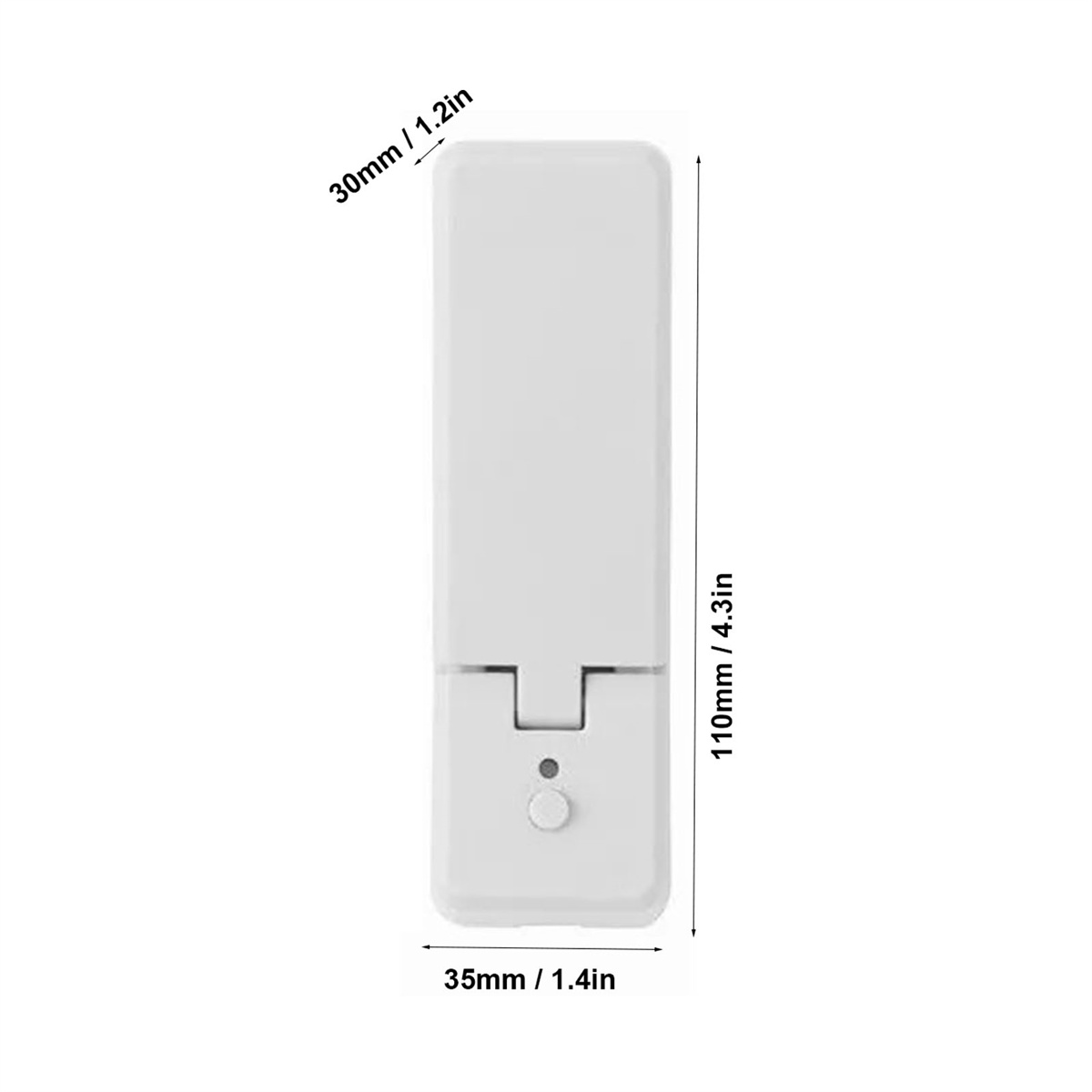 Weißes elektronisches Gerät mit Abmessungen. Zeigt einen Knopf unten, weißer Hintergrund.