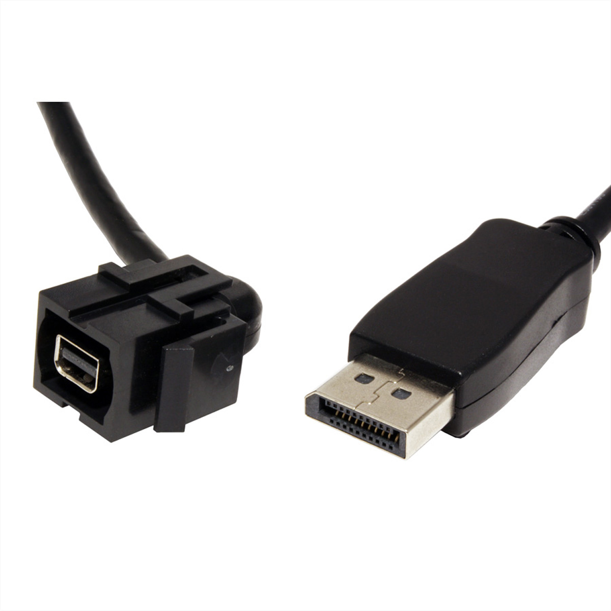 Schwarzes DisplayPort-Kabel mit quadratischem und rechteckigem Stecker.