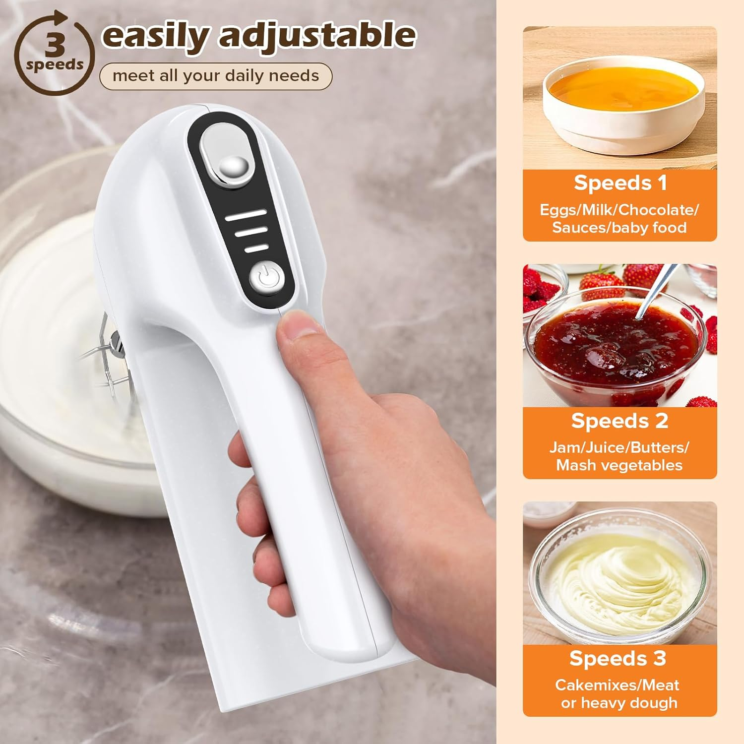 Handmixer mit 3 Geschwindigkeiten, Zutaten und Ergebnisse für Eier, Marmelade und Kuchenmischungen.