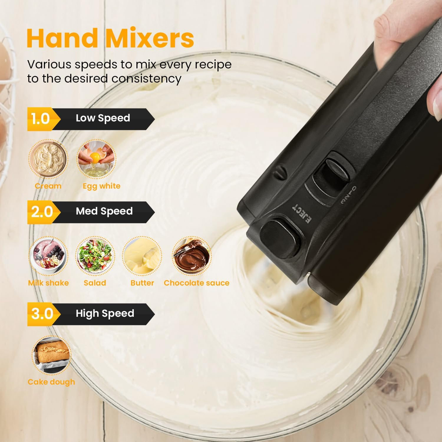 Handmixer, der eine weiße Substanz in einer Schüssel verrührt. Verschiedene Geschwindigkeiten mit Zutaten.