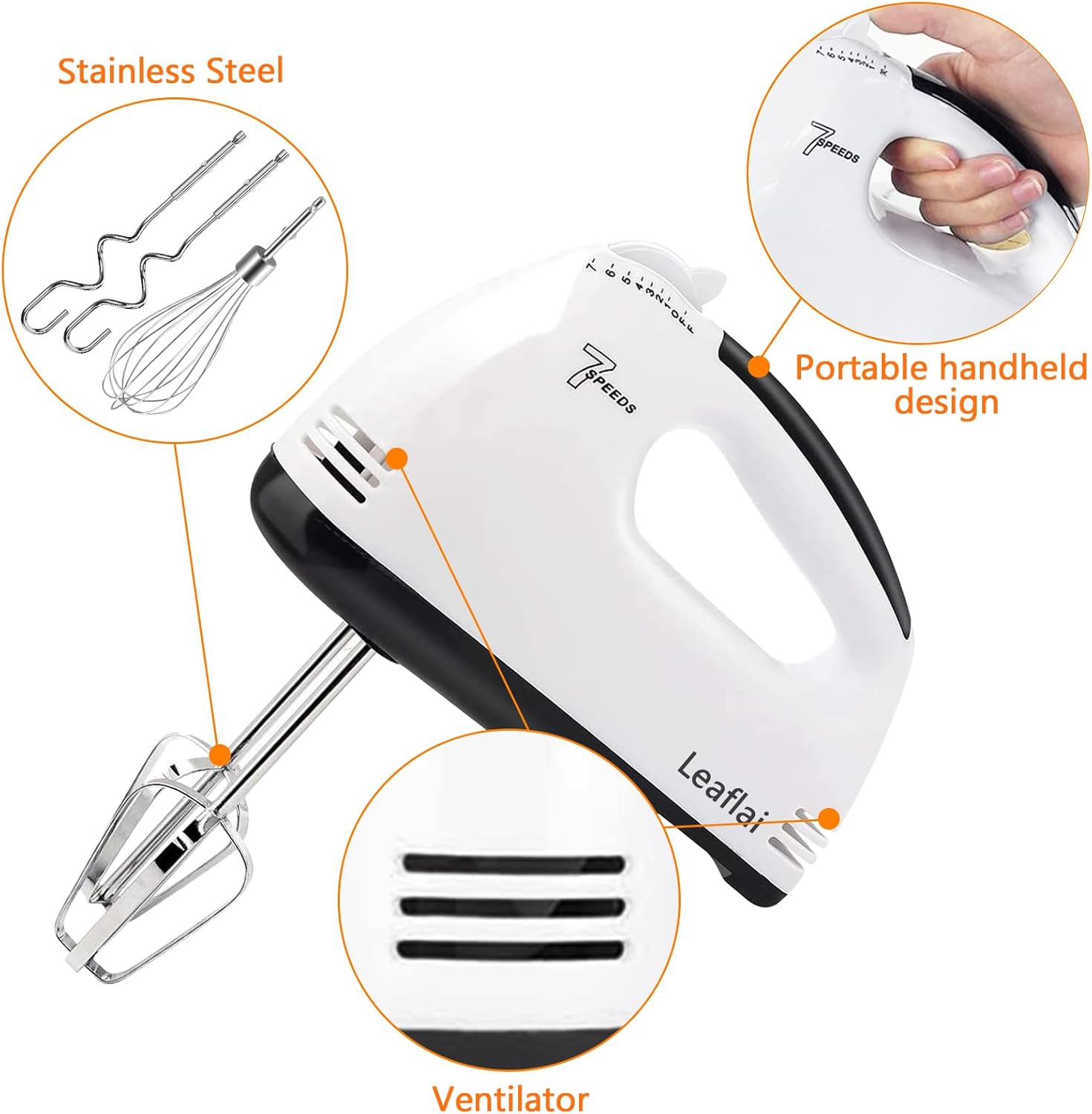Ein weißer und schwarzer Handmixer. Er hat 7 Geschwindigkeiten. Er hat 3 Edelstahlaufsätze und einen Ventilator.