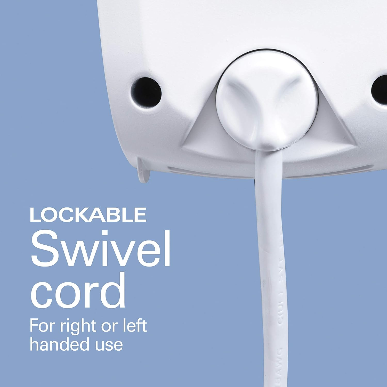 Ein weißes Kabel kommt aus einer weißen Basis, mit Text: abschließbares Schwenkkabel für Rechts- oder Linkshänder.