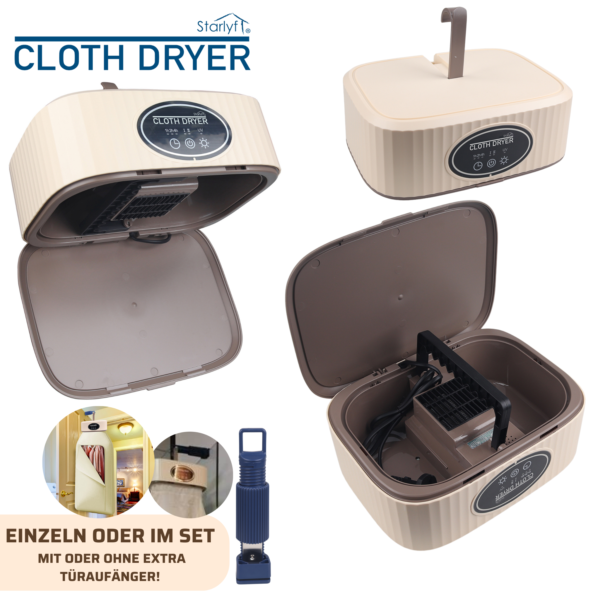 Wäschetrockner, beige, offen und geschlossen. Zubehör ist abgebildet. Text: Cloth Dryer, Einzeln oder im Set.