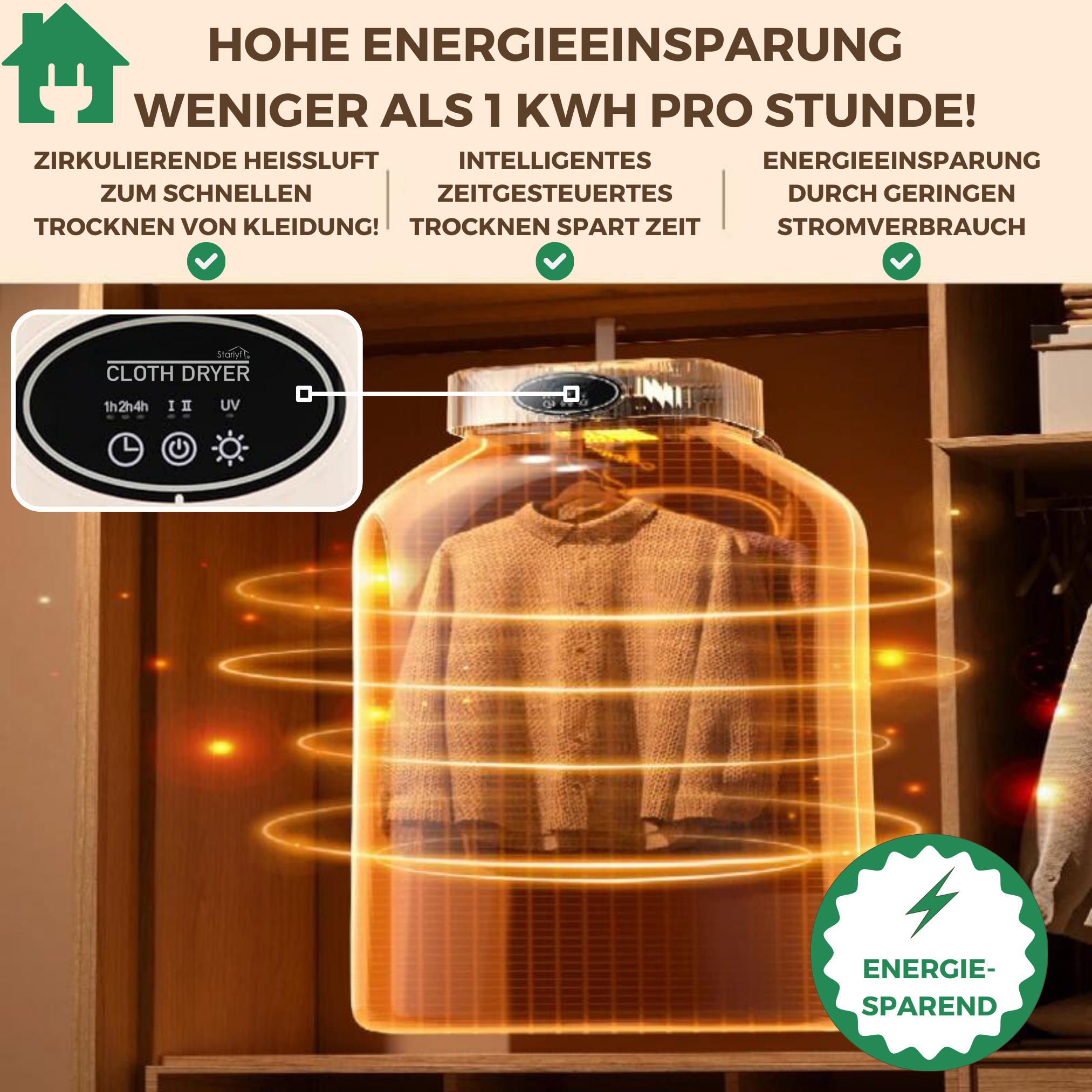 Ein Wäschetrockner mit Text zum Energiesparen und einem Hemd darin.