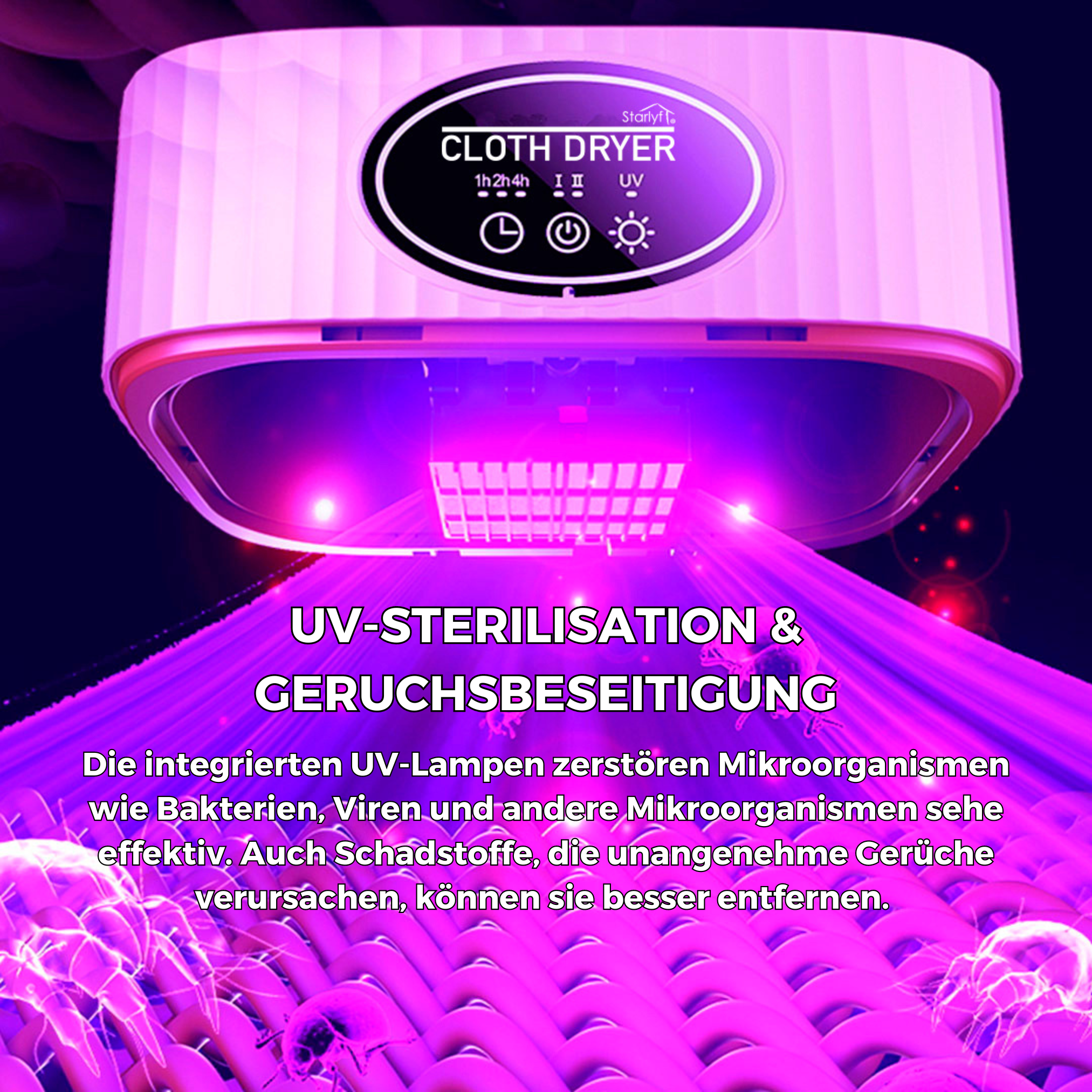 Wäschetrockner mit violettem Licht und Text über Sterilisation.