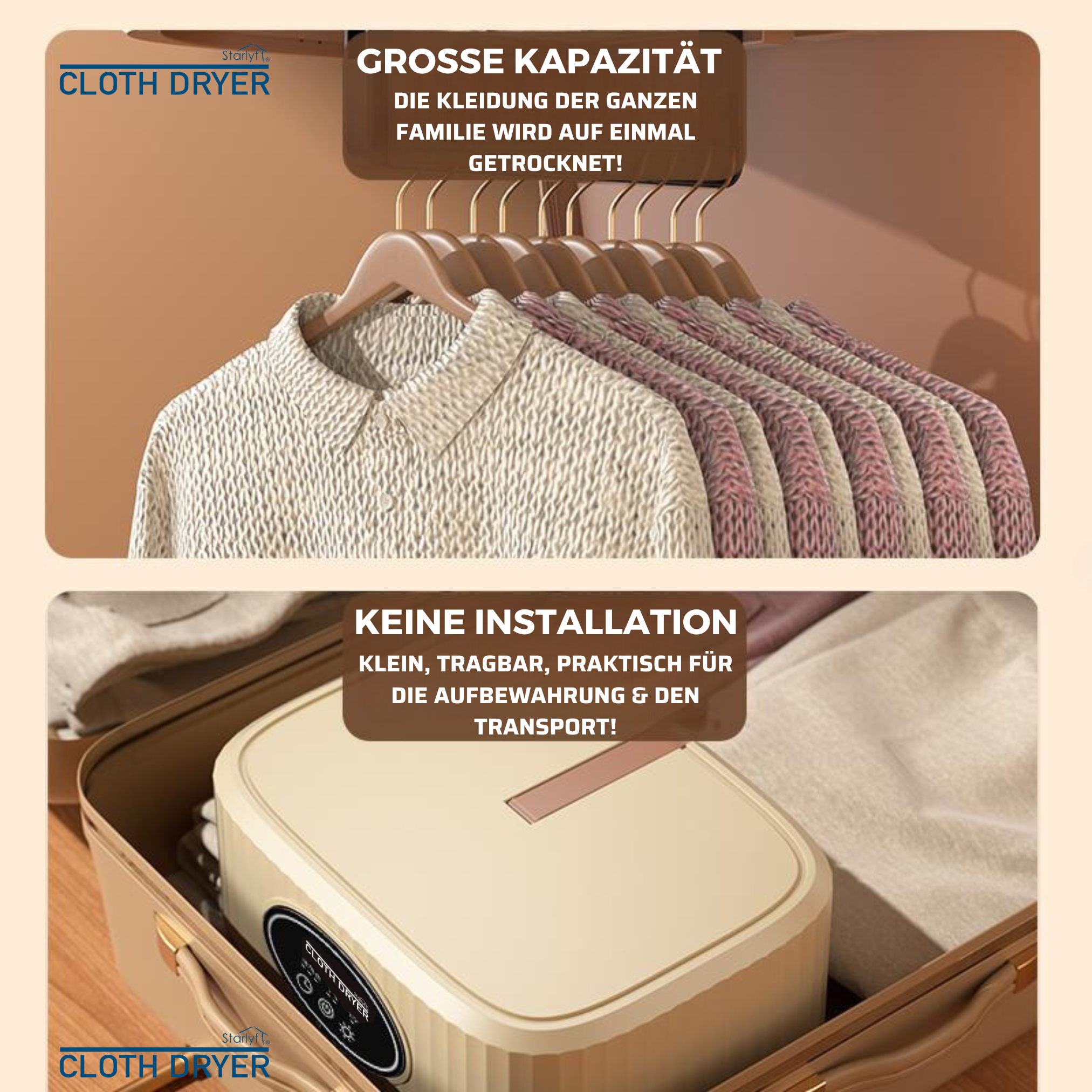 Wäschetrockner mit hängender Kleidung. Tragbares, kompaktes Design, geeignet für den Familiengebrauch.