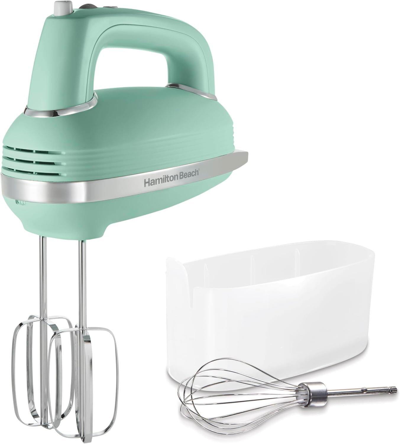 Ein mintgrüner Hamilton Beach Handmixer mit einer weißen Schüssel und einem Schneebesen.