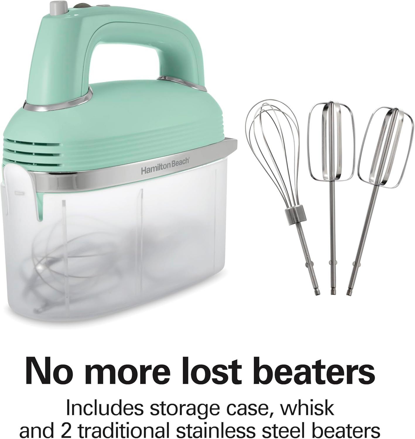 Mintgrüner und silberner Handmixer mit Schneebesenaufsätzen und Aufbewahrungskoffer.