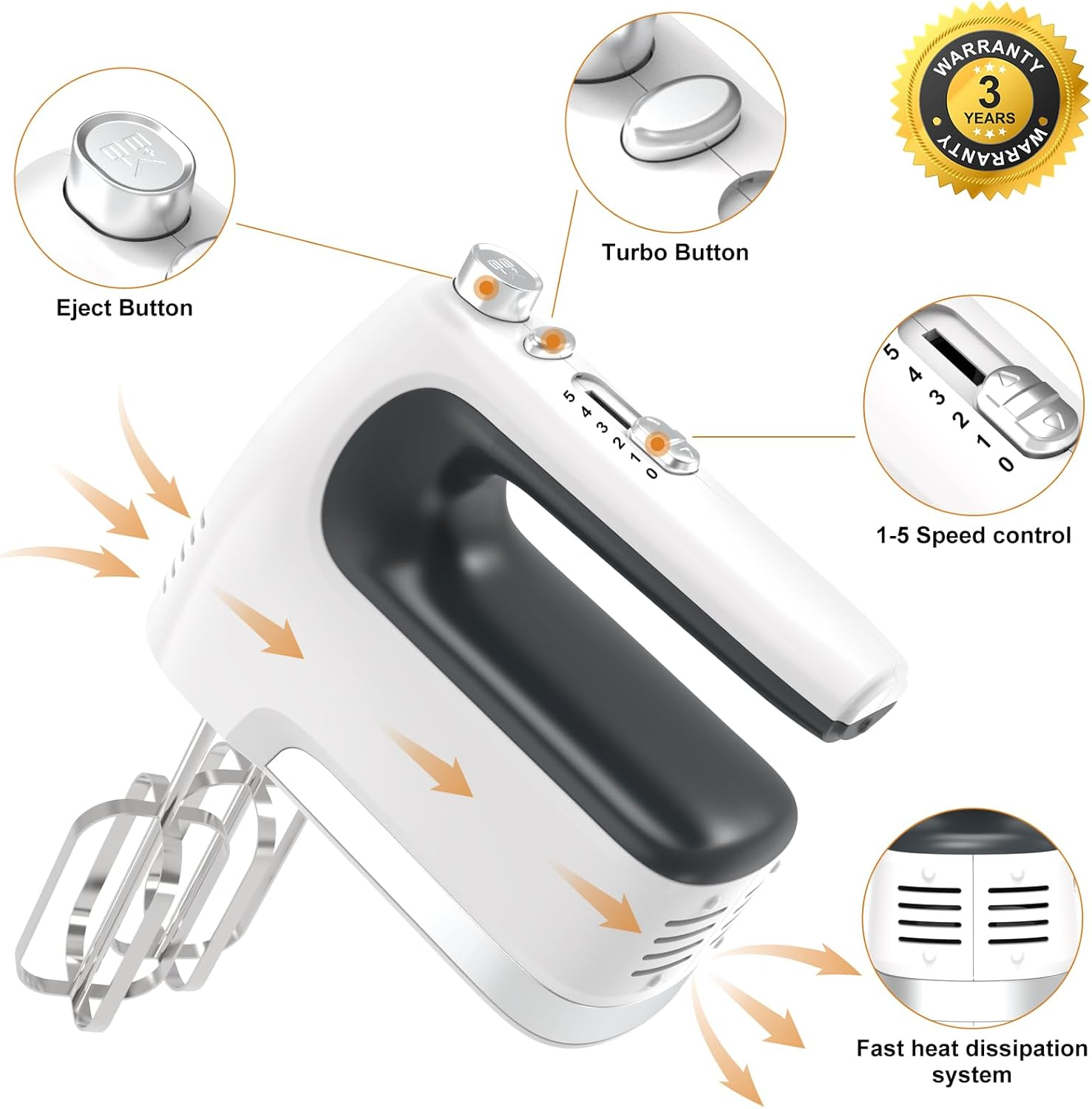 Weißer Handmixer mit schwarzen Akzenten. Knöpfe, Geschwindigkeitsregler und eine Turbotaste sind sichtbar.