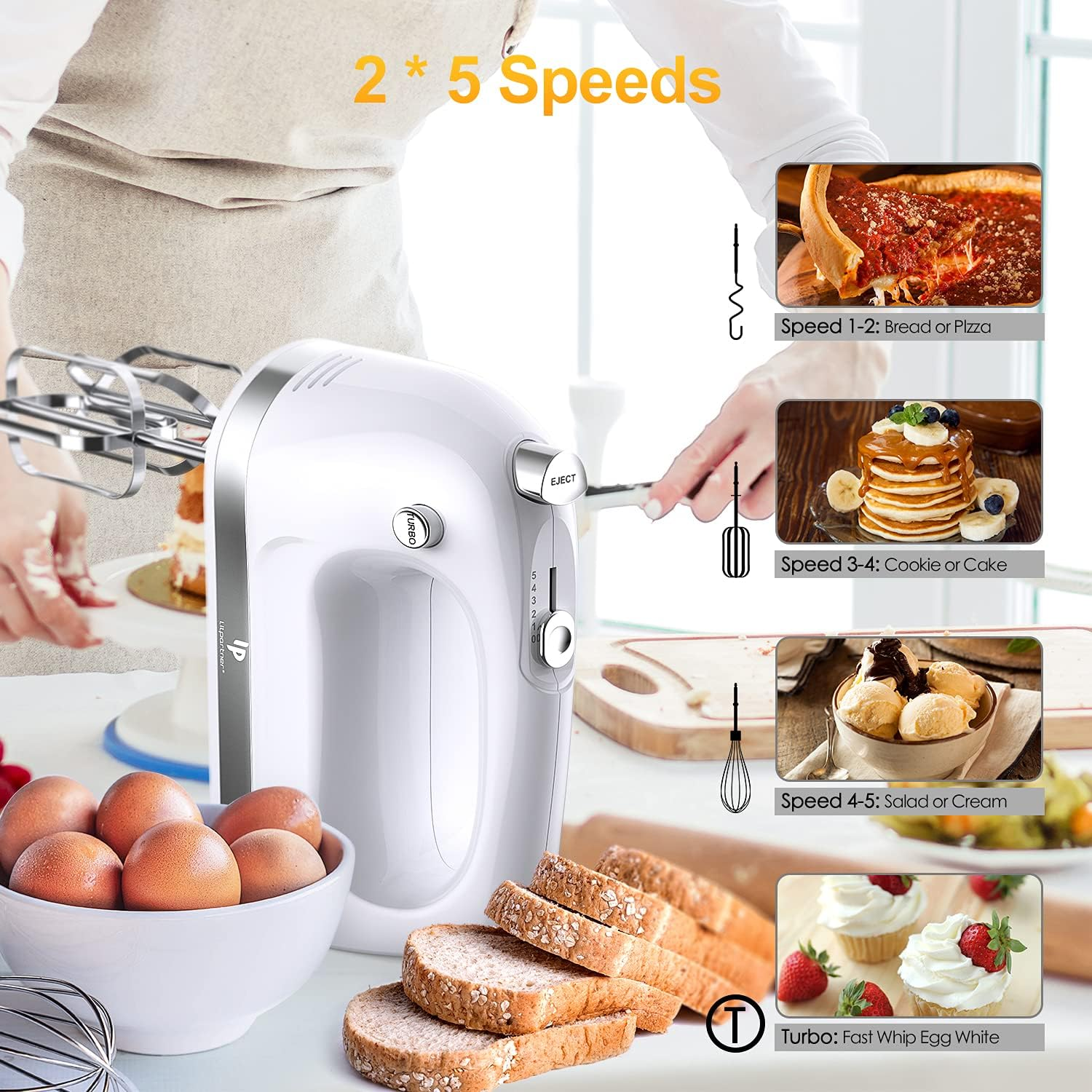 Weißer Handmixer mit Aufsätzen, Schüssel mit Eiern, Brotscheiben und Lebensmittelbildern, die Geschwindigkeitseinstellungen anzeigen.