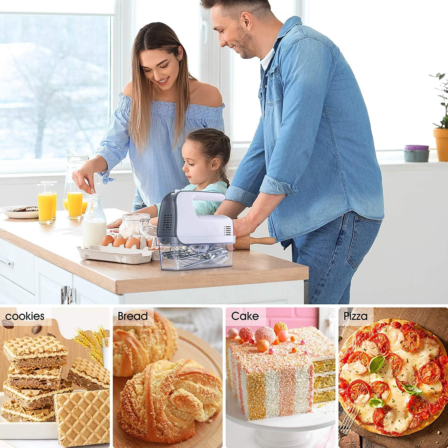 Familie kocht mit einem elektrischen Mixer. Verschiedene Backwaren werden unten gezeigt: Kekse, Brot, Kuchen, Pizza.