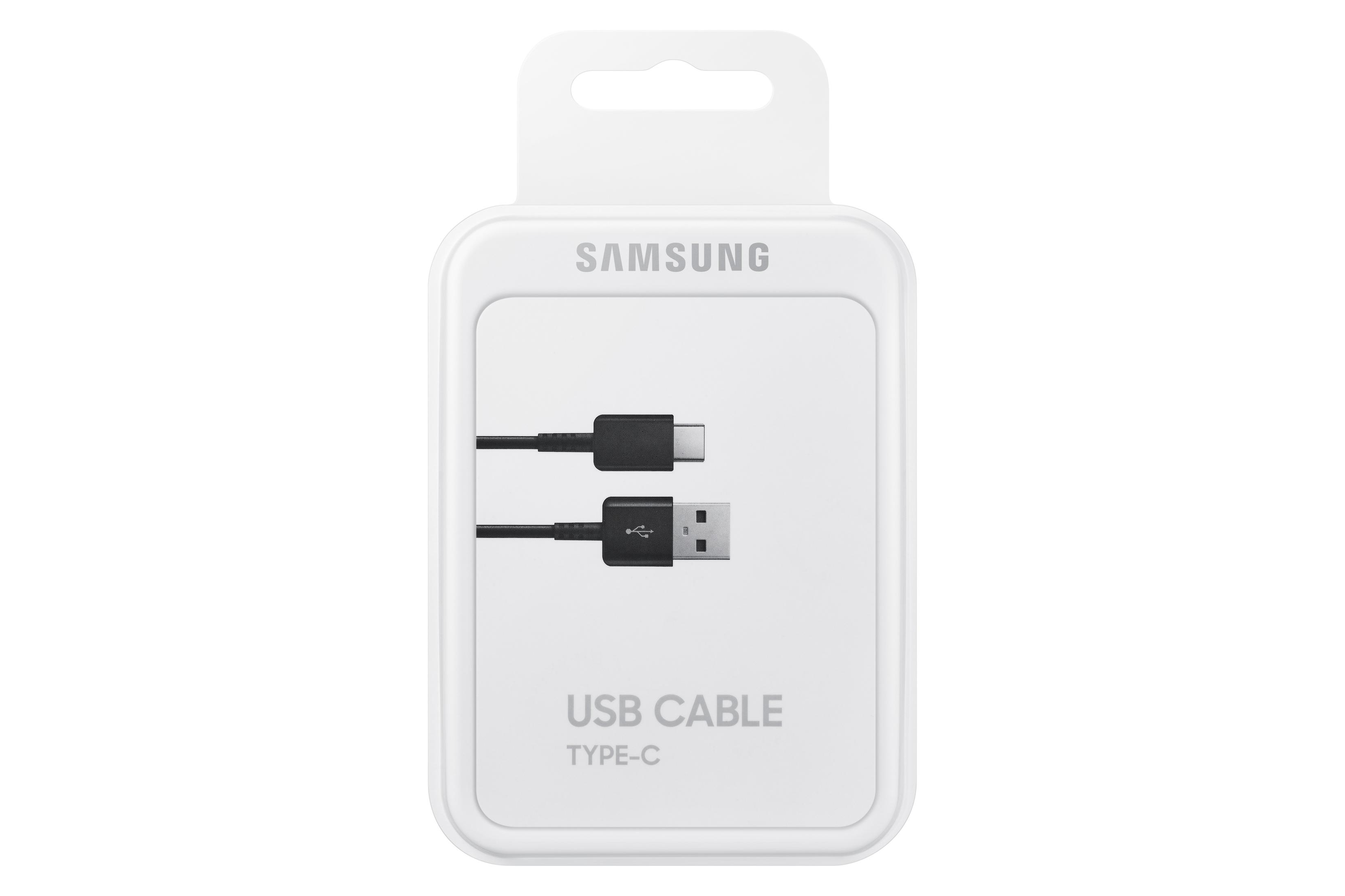 Een Samsung USB-kabel in een witte plastic verpakking, met de USB-A- en USB-C-connectoren.