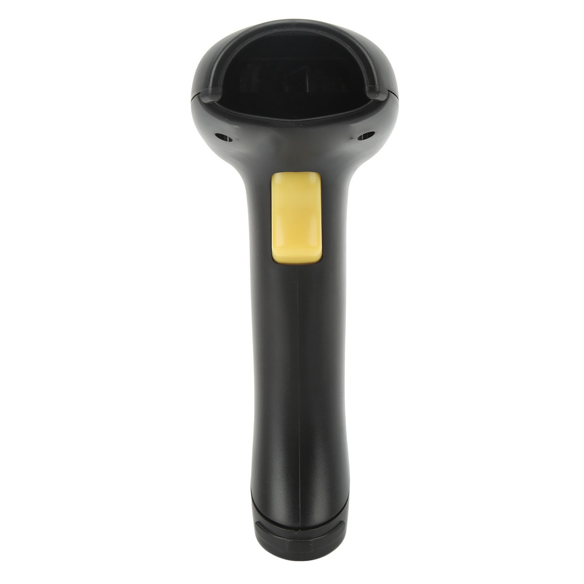 Schwarzer Handheld-Barcode-Scanner mit gelber Taste. Es hat ein schlankes, ergonomisches Design, vor weißem Hintergrund.