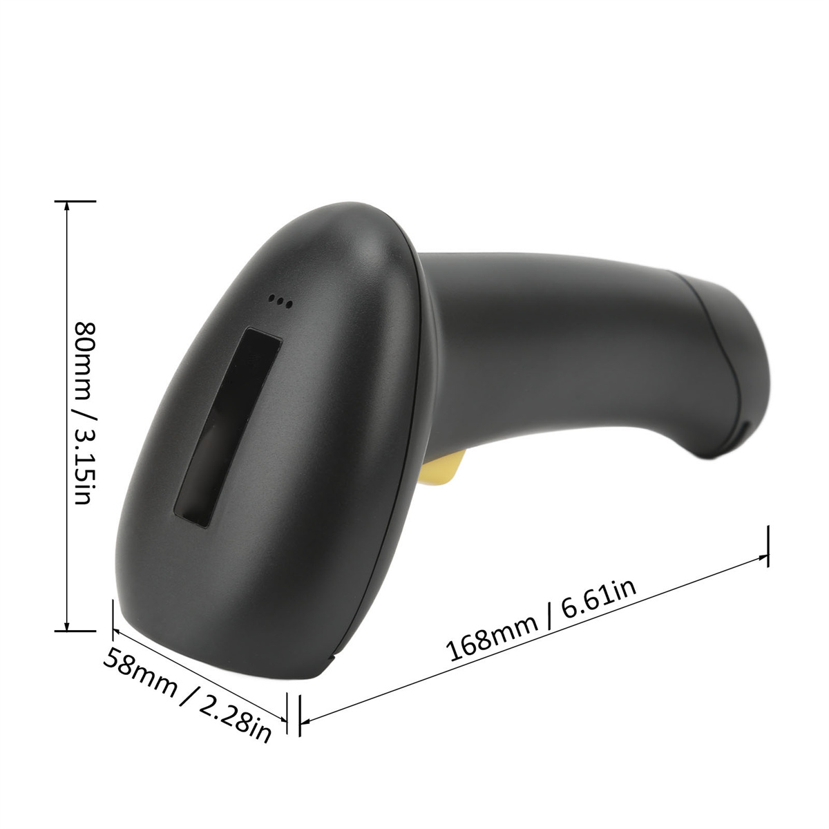 Schwarzer Barcode-Scanner, Abmessungen gezeigt, weißer Hintergrund.