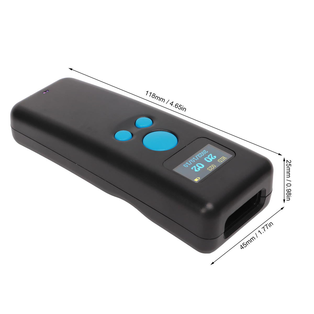 Schwarzer Handscanner mit blauen Tasten und Display. Abmessungen sind angezeigt.