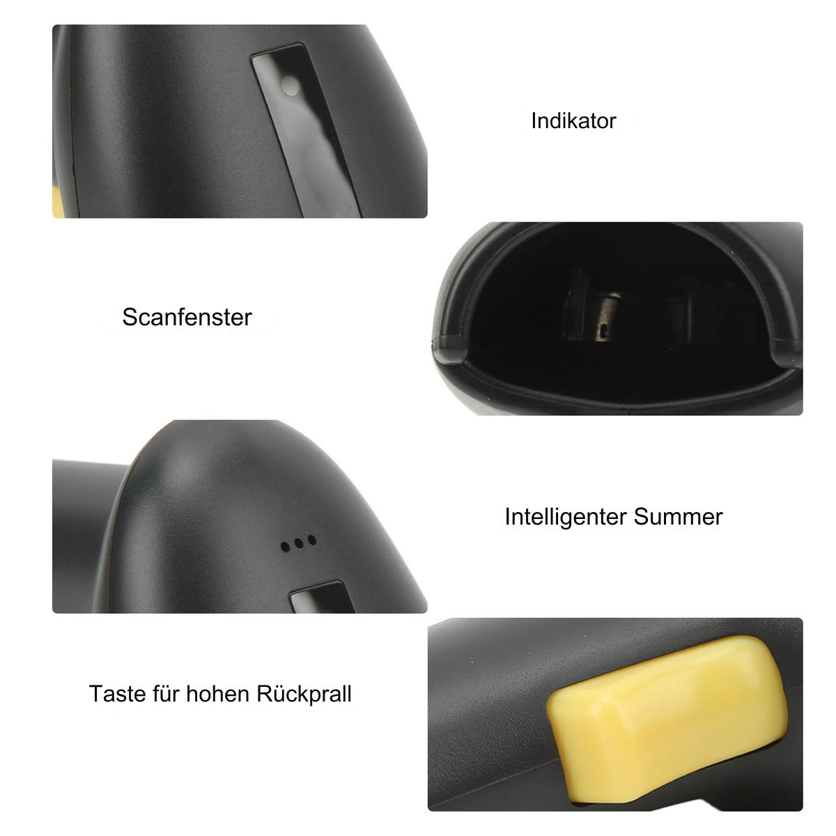Nahaufnahme eines schwarzen Barcode-Scanners. Verschiedene Winkel mit Details. Weißer Hintergrund.