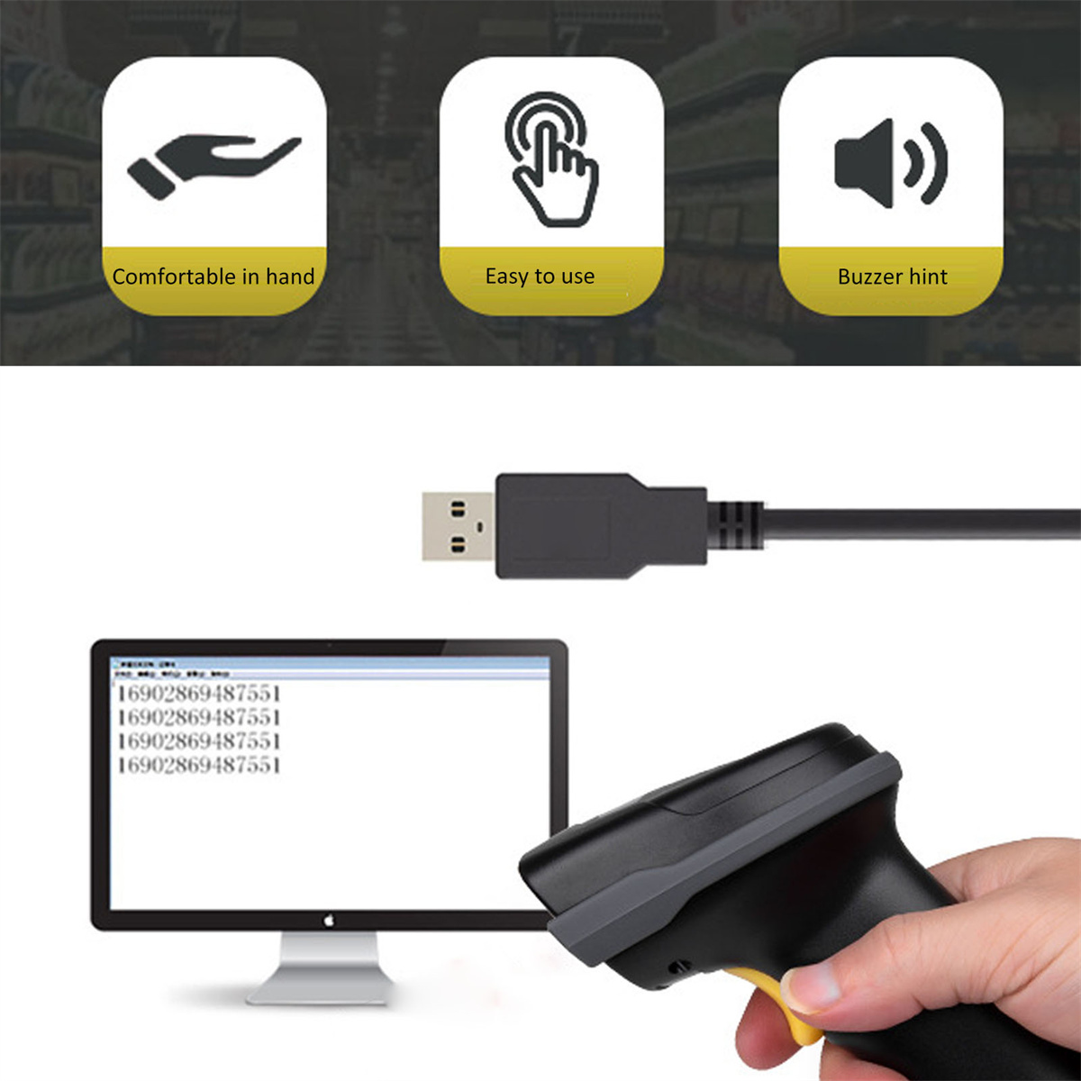 Barcodescanner mit USB-Kabel an Computer angeschlossen und Funktionssymbolen.