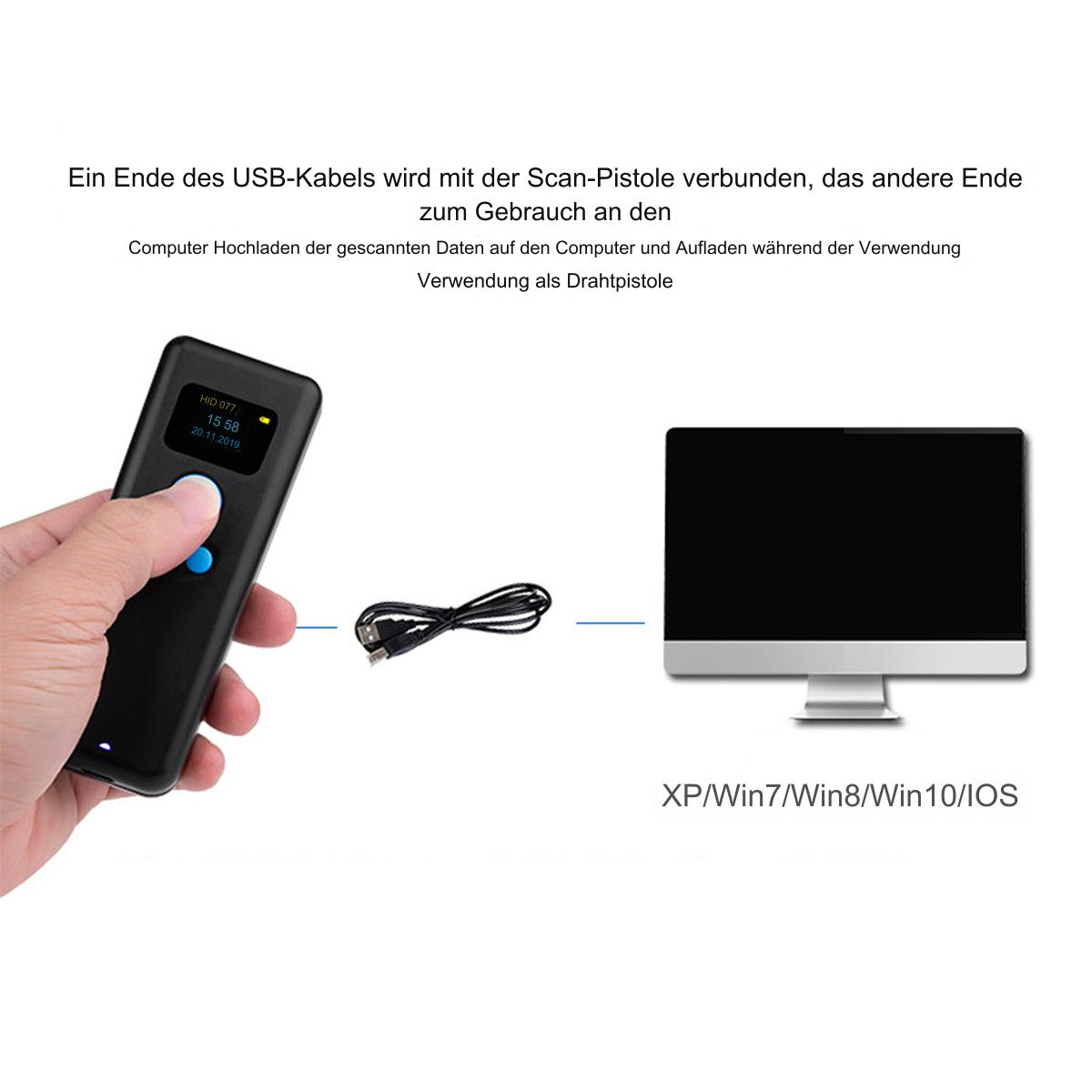 Person hält Handscanner, der über USB-Kabel mit Computer verbunden ist. Text überlagert.