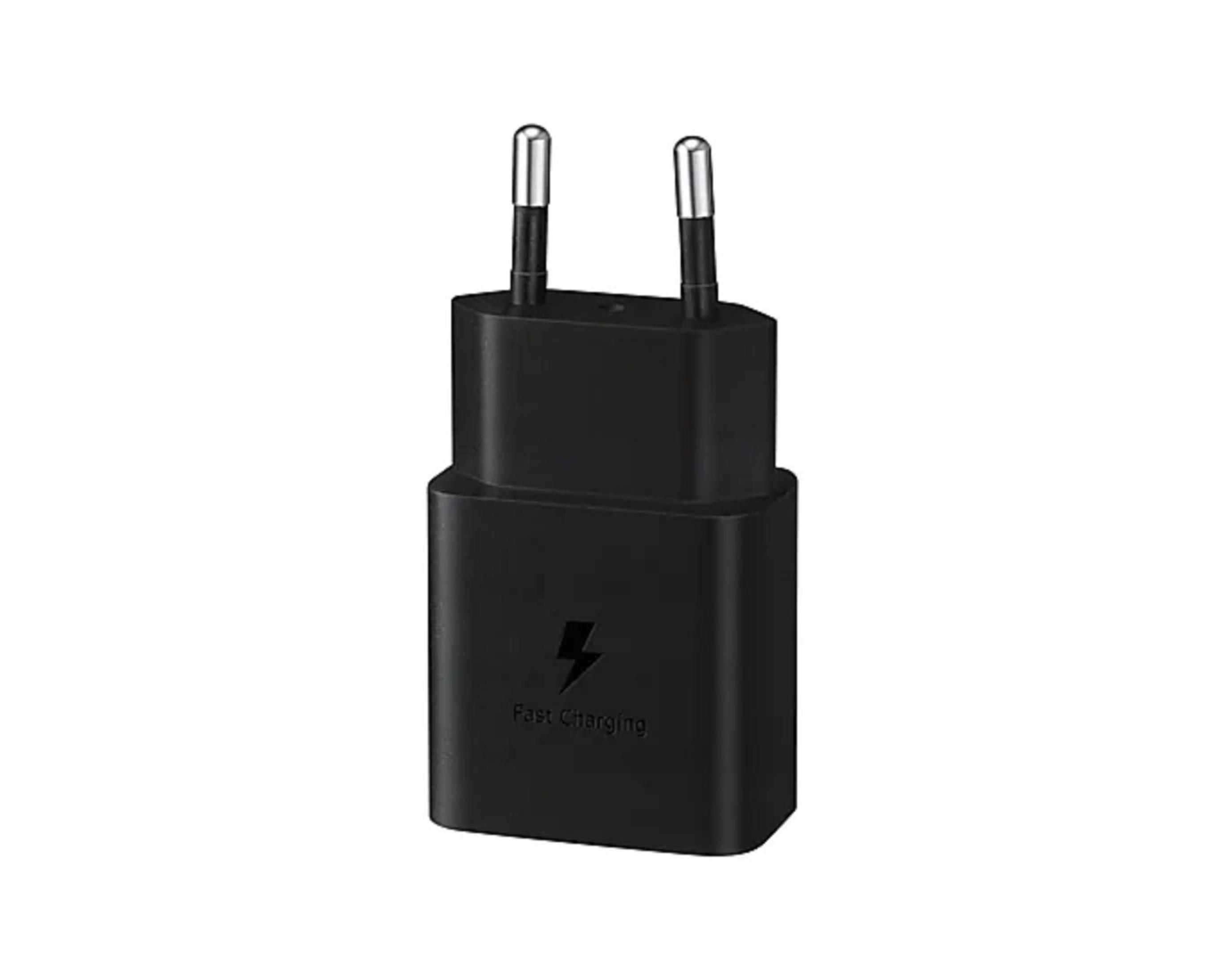 Un cargador de teléfono negro con un enchufe de dos clavijas.