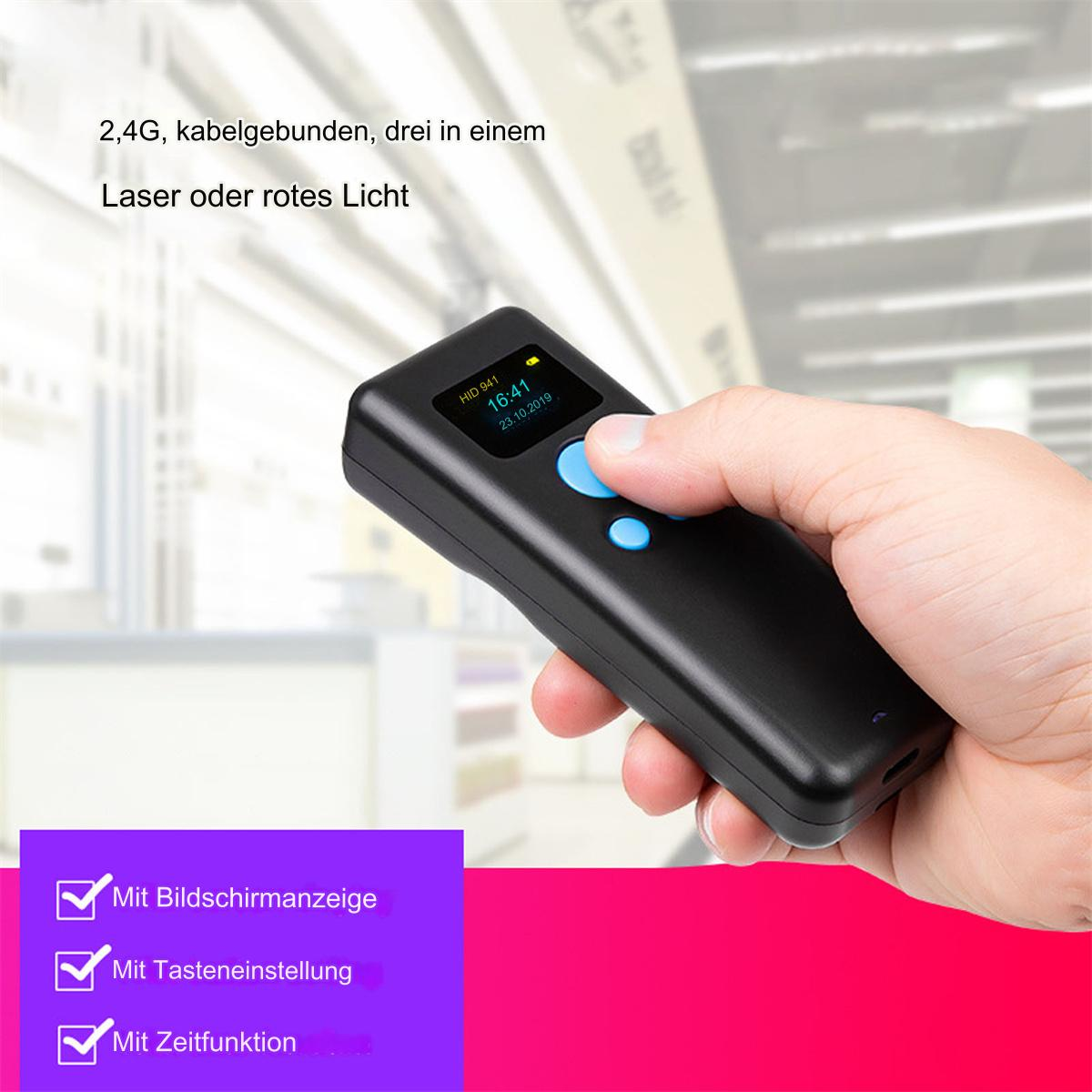 Ein schwarzer Barcodescanner mit kleinem Bildschirm, der Zeit und Datum anzeigt, und zwei blauen Knöpfen.