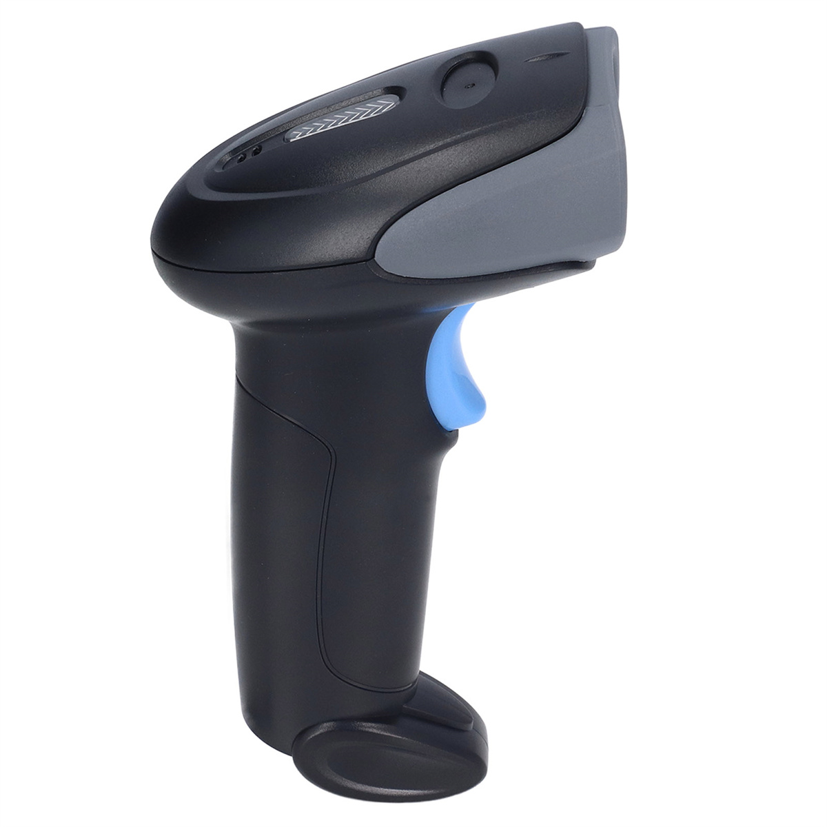 Schwarzer und grauer Barcode-Scanner mit blauem Knopf, zum Scannen.