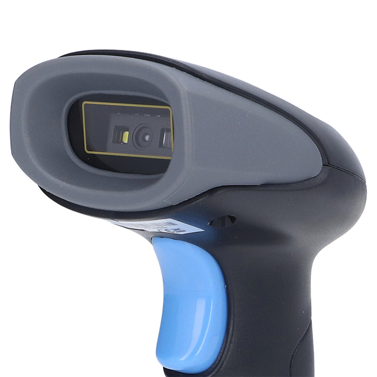 Ein schwarz-grauer Barcode-Scanner. Er hat eine blaue Taste und ein Sichtfenster.