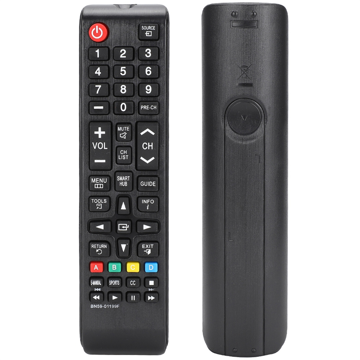 Zwei Seiten einer schwarzen TV-Fernbedienung. Eine Seite hat Tasten mit Zahlen und Symbolen.