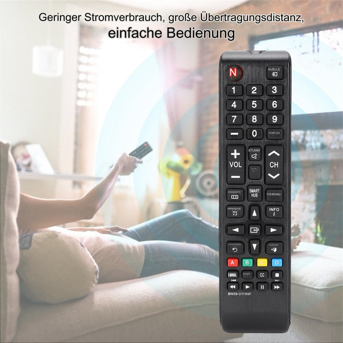 TV-Fernbedienung mit Tasten, Text in Deutsch: 'Geringer Stromverbrauch, einfache Bedienung'.