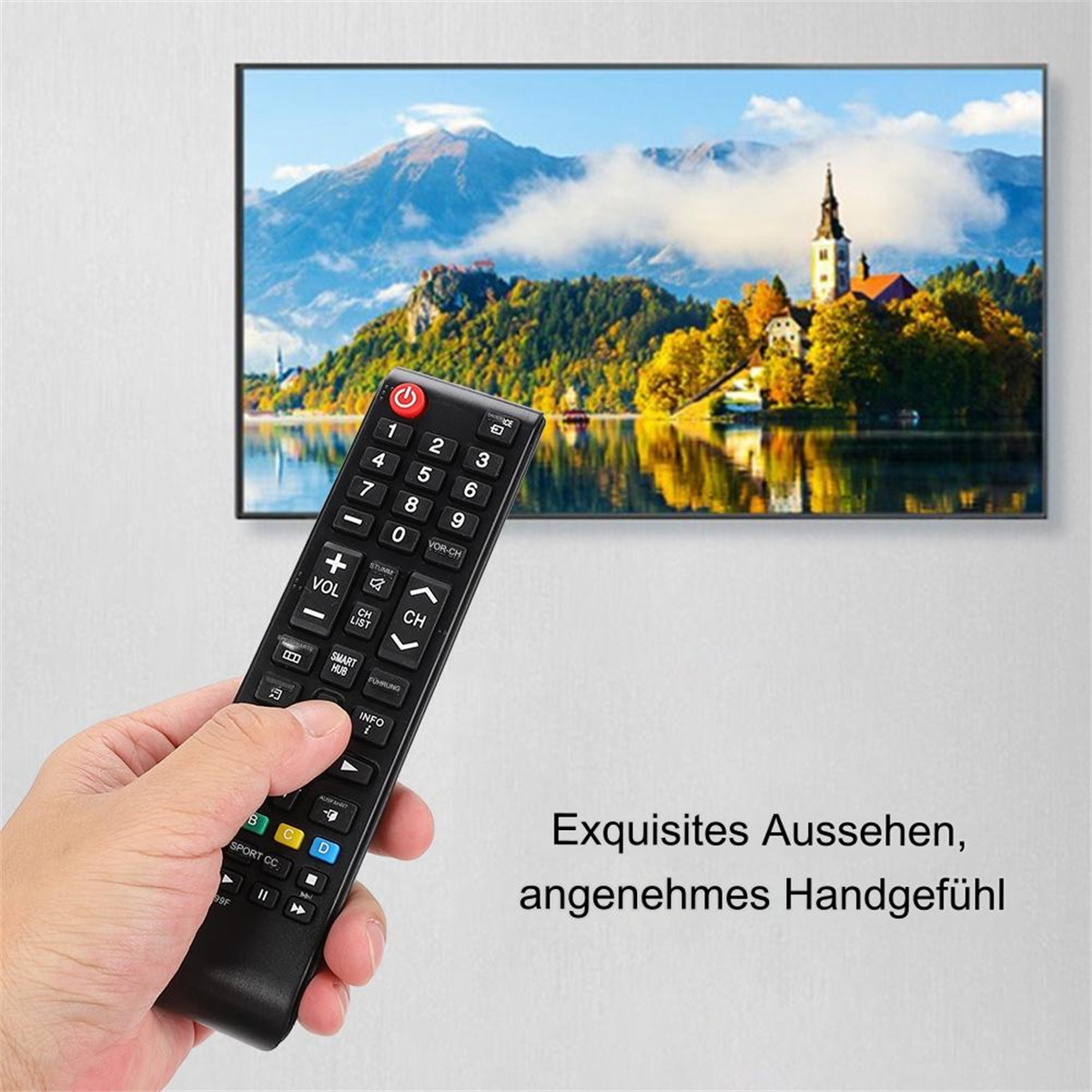 Eine Hand hält eine Fernbedienung auf einen Fernseher mit Landschaft und See gerichtet.