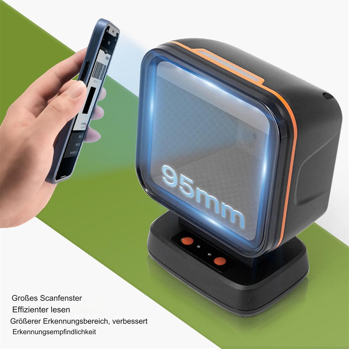 Ein Barcode-Scanner wird neben einem Telefon gezeigt. Der Scanner steht auf einem schwarzen Sockel. Der Scanner ist schwarz und orange.