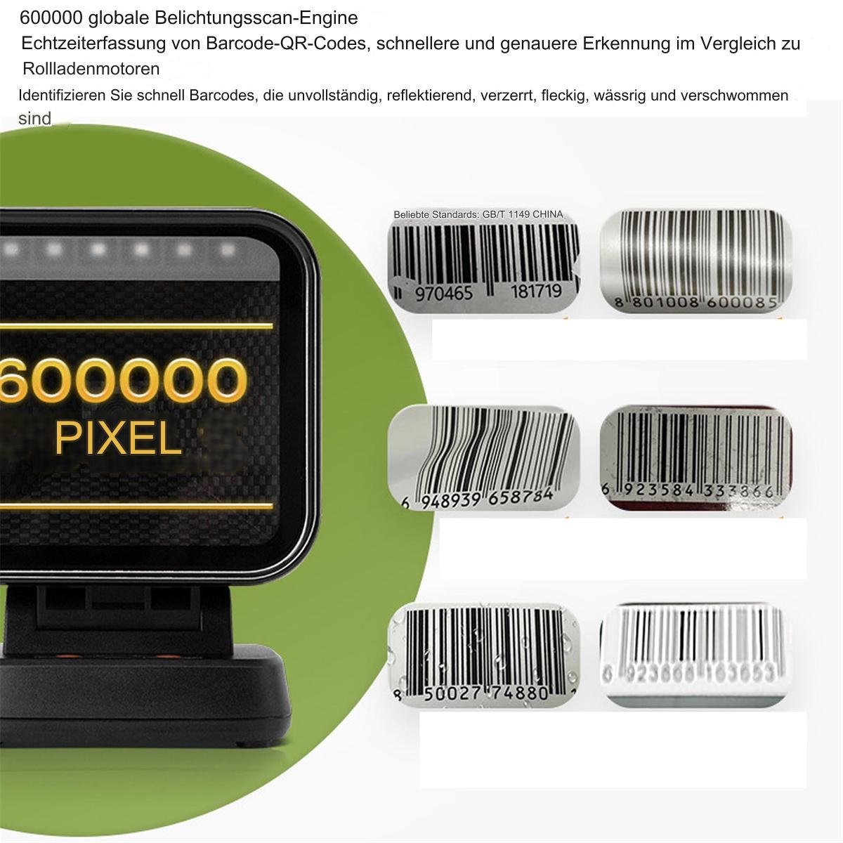 Ein schwarzer Scanner zeigt Barcode-Bilder an. Text '600000 PIXEL' ist sichtbar.