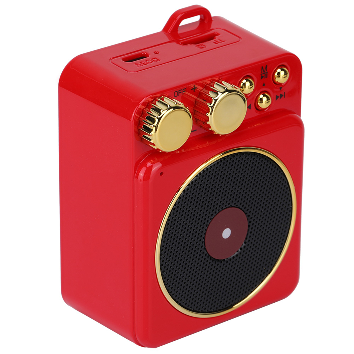 Roter Lautsprecher im Retro-Stil mit goldenen Knöpfen und schwarzem Lautsprechergrill.