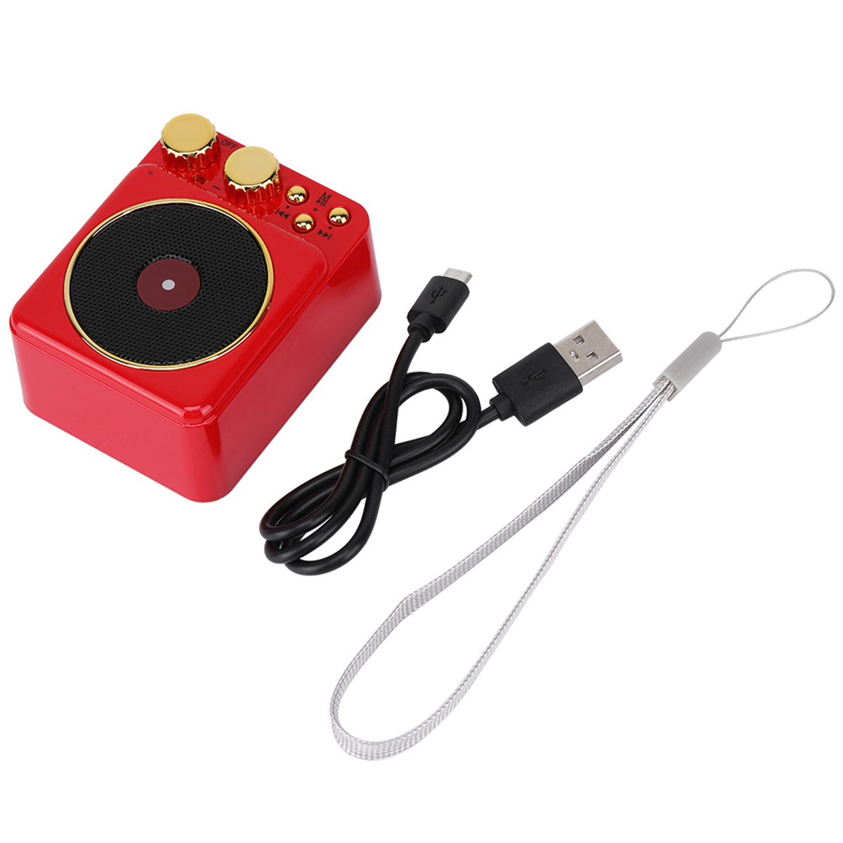 Roter und schwarzer Mini-Lautsprecher mit USB-Kabel und Handschlaufe.