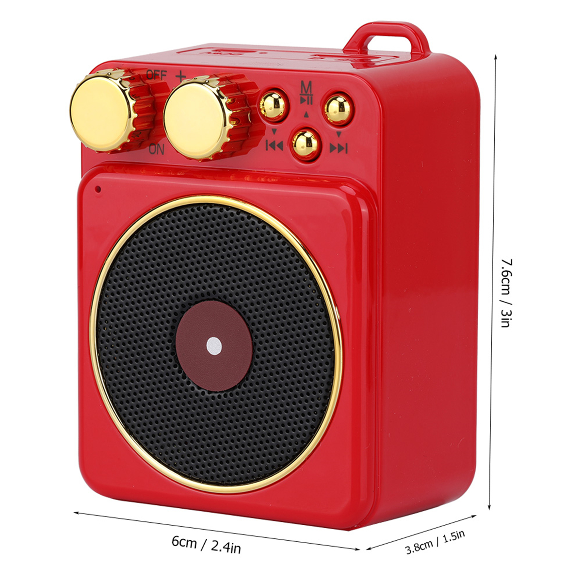 Rotes Radio im Retro-Stil mit zwei Knöpfen, Tasten und einem Lautsprecher. Abmessungen sind angegeben.